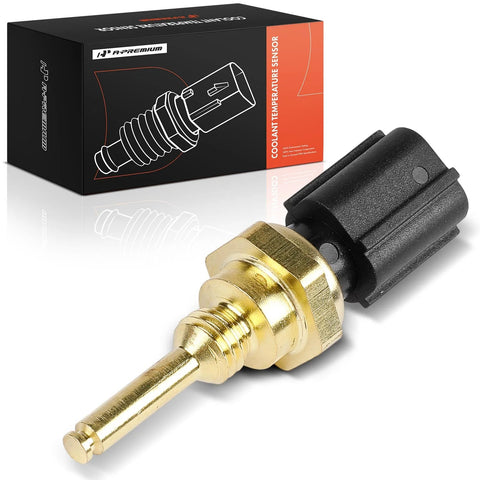 A-Premium engine coolant temperature sensor with brass threaded body and black plastic connector (2 blades) beside its box