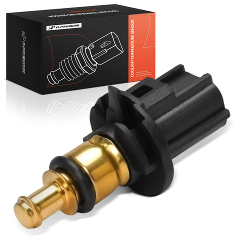 A-Premium 2-pin engine coolant temperature sensor with brass tip and black plastic housing; packaging box visible.