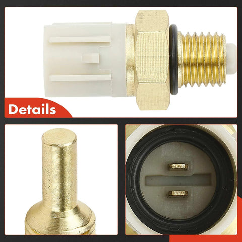 A-Premium engine coolant temperature sensor, 2-pin brass threaded sensor with white connector; side and close-up views