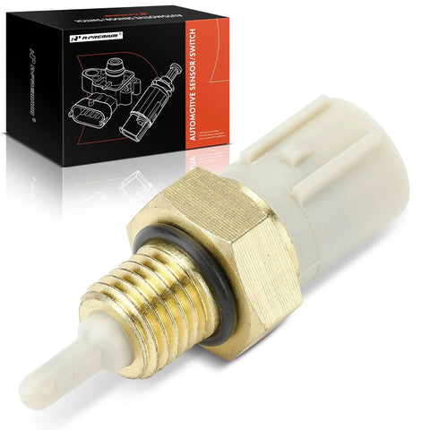 Engine coolant temperature sensor with brass threaded tip, gray plastic housing, 2-pin connector; packaging visible.