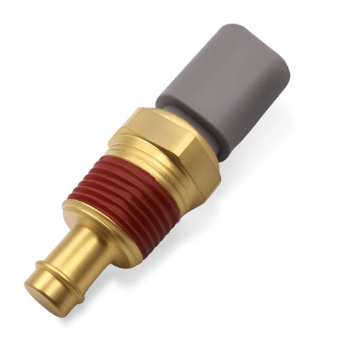 Engine coolant temperature sensor with brass threaded body, red seal, and gray connector