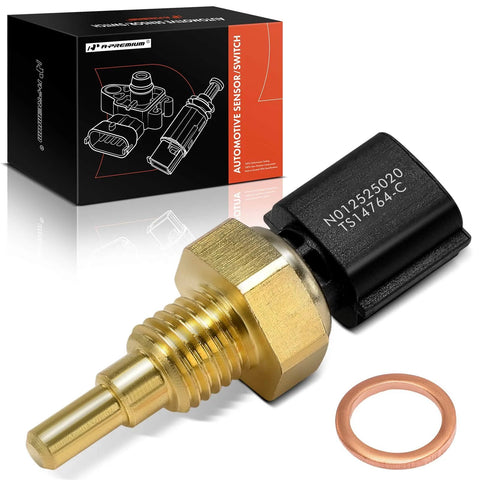 A-Premium engine coolant temperature sensor with brass threaded stem, black 2-pin connector, copper washer.