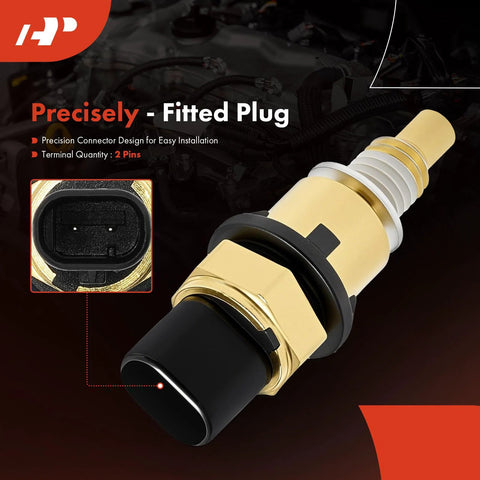 A-Premium engine coolant temperature sensor with gold body, black end, and white threaded collar.