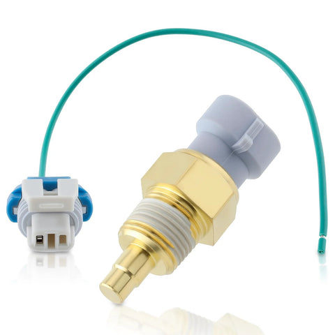 Engine coolant temperature sensor, GoaMotors 213-77; brass body with gray end and blue 2-pin connector.