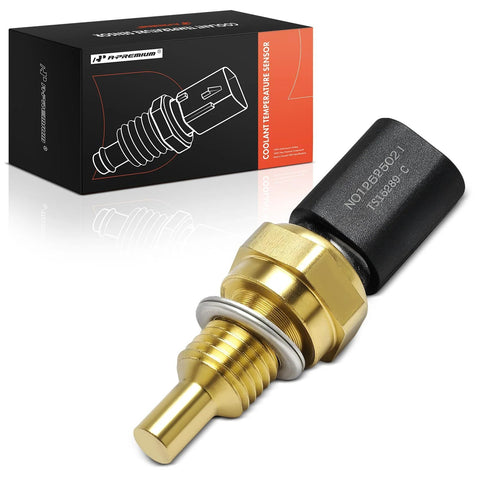 A-Premium 2-pin engine coolant temperature sensor with brass threaded probe and black connector, boxed.