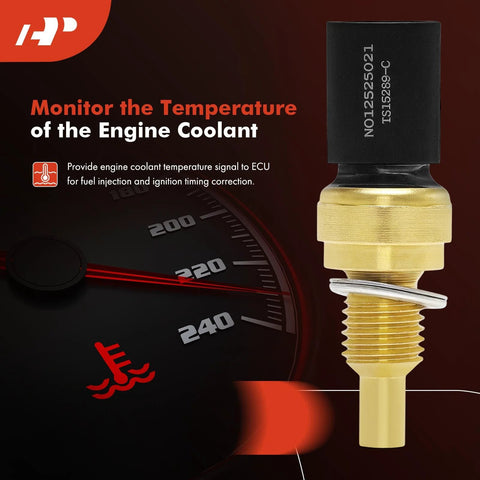 A-Premium 2-pin engine coolant temperature sensor with brass threaded body and black plastic connector.