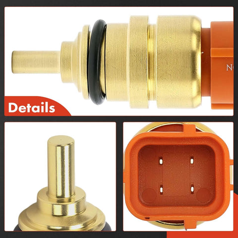 A-Premium engine coolant temperature sensor with brass body, O-ring, and orange 4-pin connector.