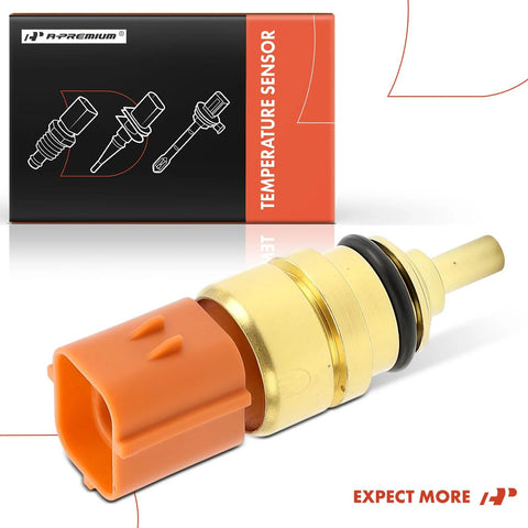 A-Premium engine coolant temperature sensor, 4-pin, brass body with orange connector, boxed.