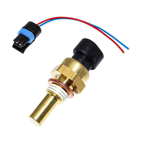 Front view of car engine coolant temperature sensor with brass probe, hex nut, and red/blue connector wires.