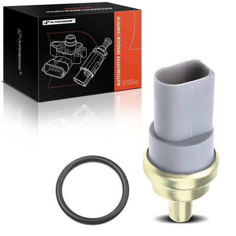 A-Premium engine coolant temperature sensor, gray plastic housing with brass threaded base, O-ring; packaging box visible