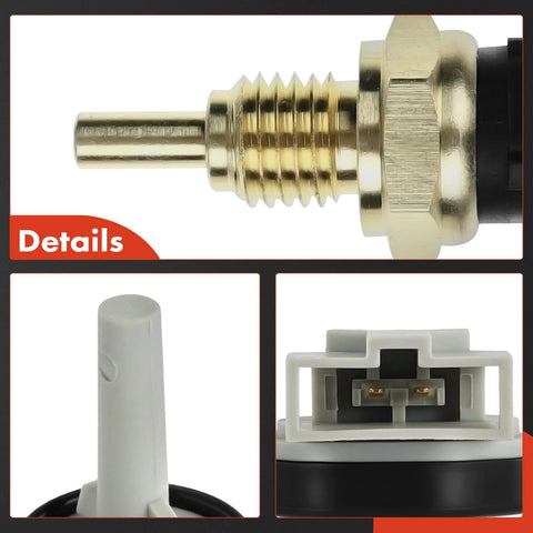 Engine coolant temperature sensor close-up: brass threaded body, hex nut, black housing
Engine coolant temperature sensor tip: white plastic stem
Electrical connector for engine coolant temperature sensor, white housing with gold contacts