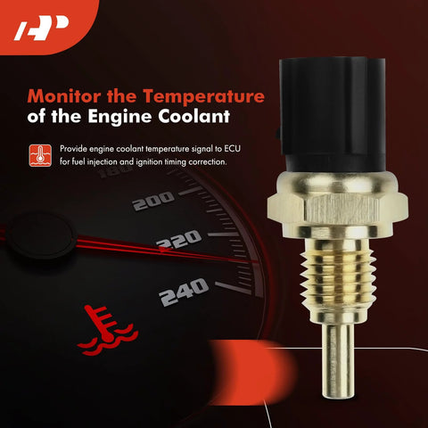 Front view of A-Premium engine coolant temperature sensor with brass threaded body and black plastic connector.