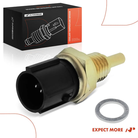 Engine coolant temperature sensor by A-Premium, front view; black plastic connector, brass threaded body, washer.