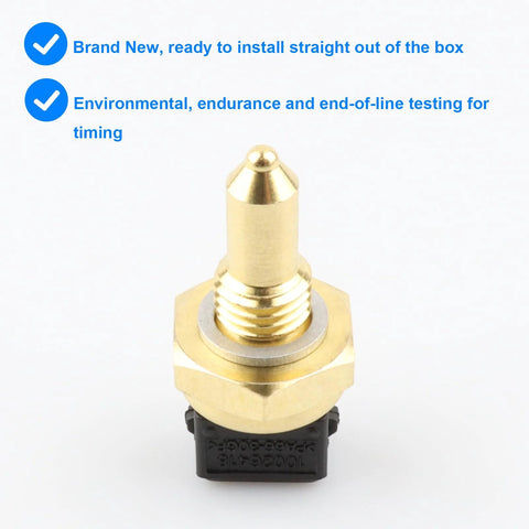 Automotive coolant temperature sensor with brass body, threaded probe and black plastic connector, front view.