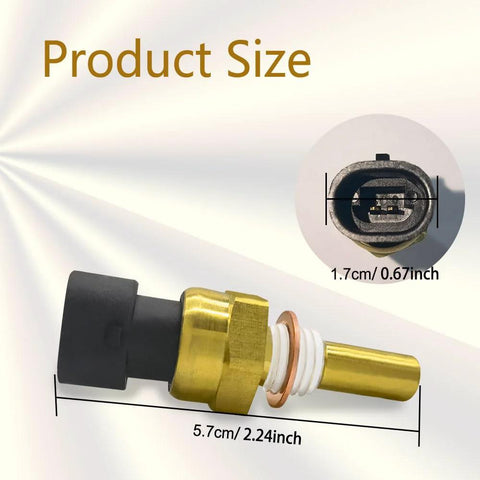 Engine coolant temperature sensor with brass body, black plastic connector, and white gasket, 5.7 cm long.