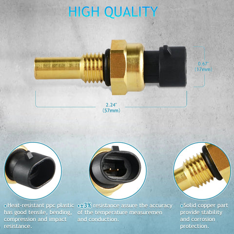 Engine coolant temperature sensor with brass threaded body and black plastic connector, about 2.24 in long