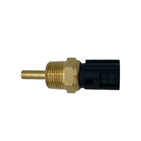 Engine coolant temperature sensor with brass threaded body and black plastic connector, side view