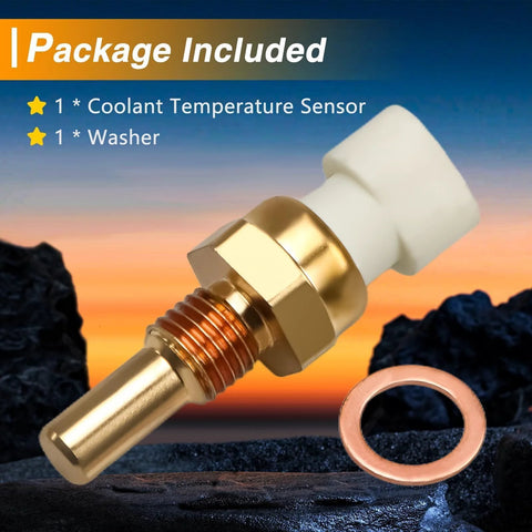 Coolant temperature sensor with brass threaded body, white electrical connector, and copper washer.