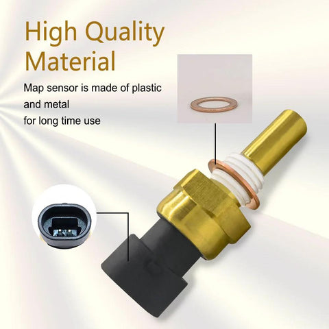 Close-up of engine coolant temperature sensor with brass body, copper washer and black connector