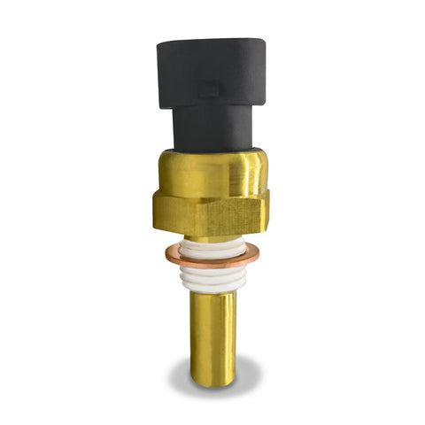 Engine coolant temperature sensor with brass body, black plastic connector, and copper washer