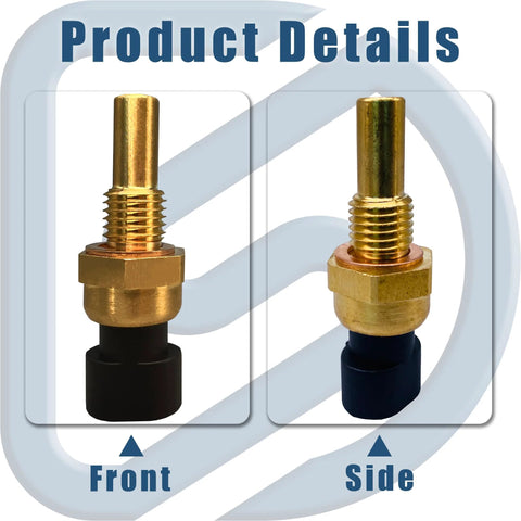 Engine coolant temperature sensor with pigtail connector, brass threaded probe and black plastic housing, front and side views.