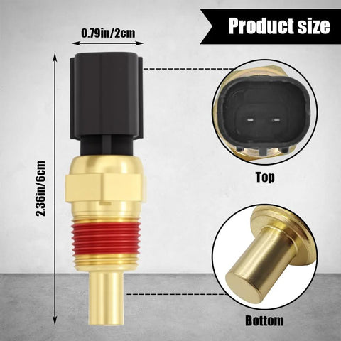Rebvugr engine coolant temperature sensor with brass threaded body, red seal and black connector; front, top and bottom views.