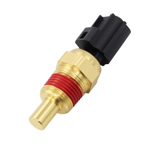 Angled view of Rebvugr engine coolant temperature sensor with brass body, red gasket, and black connector