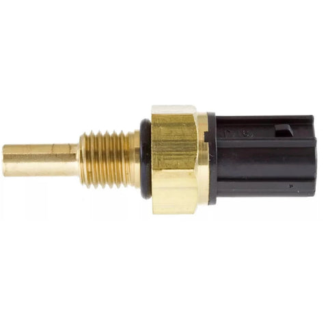 Engine coolant temperature sensor with brass threaded body and black connector.