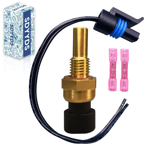 Engine coolant temperature sensor with pigtail connector, brass threaded sensor, blue seal, pink insulated terminals, SDYYDS box