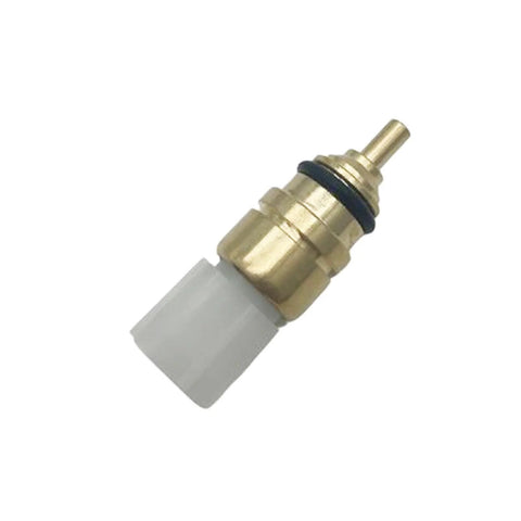 Engine coolant temperature sensor with brass body, white plastic connector, and black O-ring seal