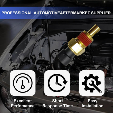 Dunviku 213-928 coolant temperature sensor in engine bay; brass threaded sensor with black connector