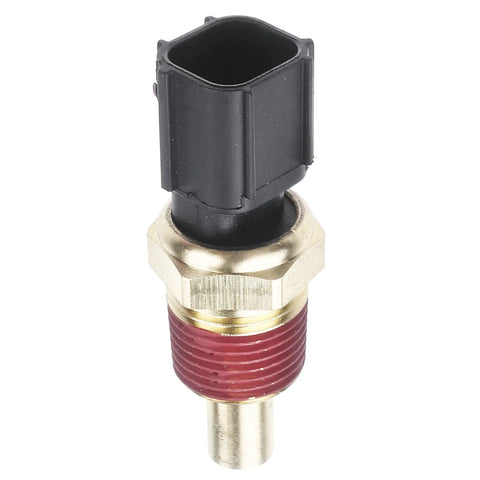 Engine coolant temperature sensor with brass threaded body, red seal, and black plastic connector.