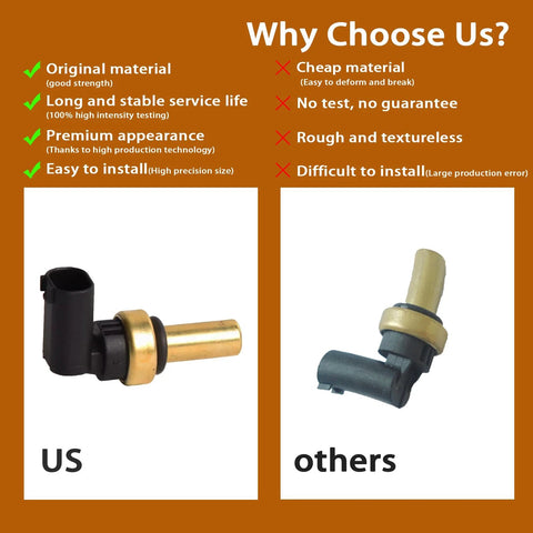 Engine coolant temperature sensor, US version with brass stem and black connector, compared with other design.