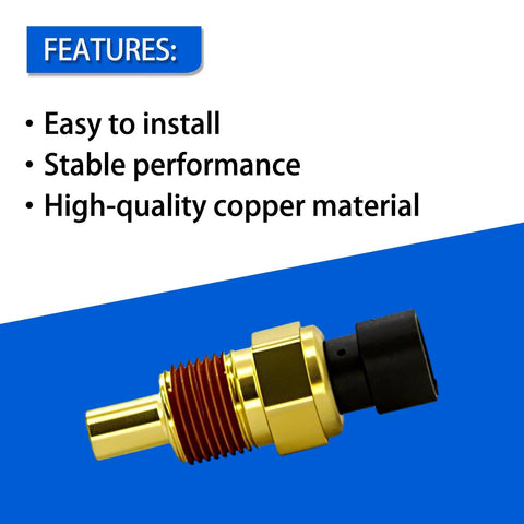 Engine coolant temperature sensor with brass threaded body and black electrical connector, automotive part.