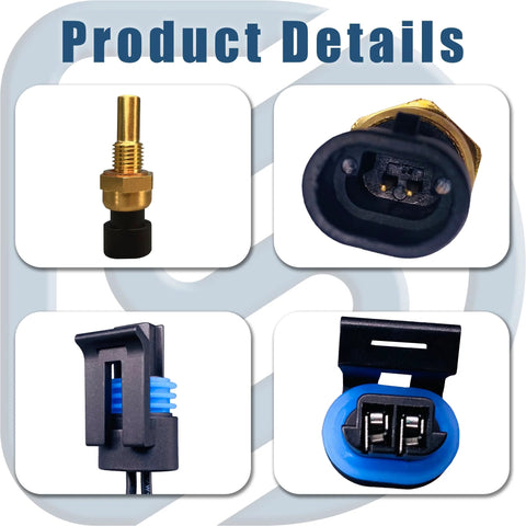 Automotive engine coolant temperature sensor with pigtail connector, brass sensor and blue 2-pin plugs.