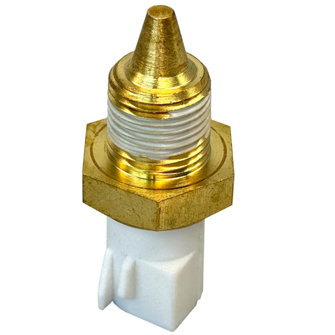 MecXora engine coolant temperature sensor, brass threaded body with white plastic connector.