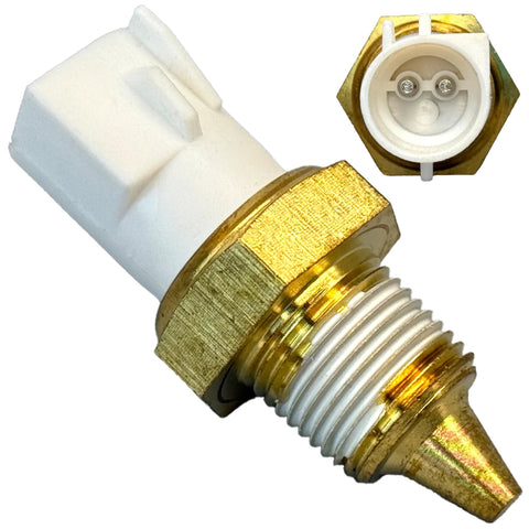 MecXora engine coolant temperature sensor with brass threaded body and white two-pin connector.