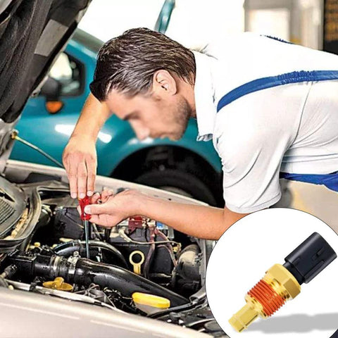HAOBO engine coolant temperature sensor with brass threaded body and black connector, shown with a car engine bay