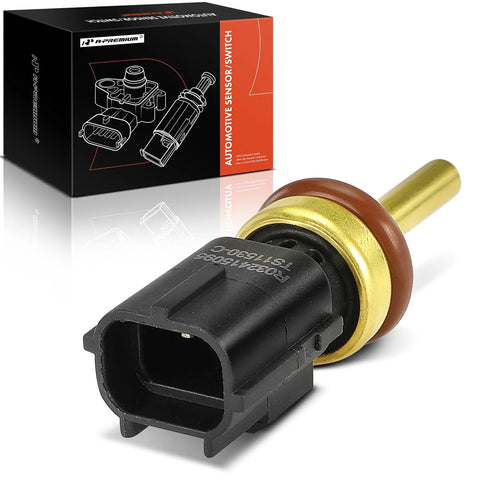 Front view of A-Premium engine coolant temperature sensor; black plastic connector, brass stem, brown gasket, packaging box.