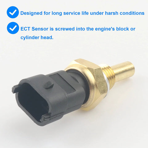 Coolant temperature sensor with brass threaded body and black plastic connector.