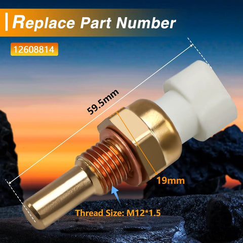 LQYLMY coolant temperature sensor with brass threaded body and white connector, M12x1.5, close-up view.