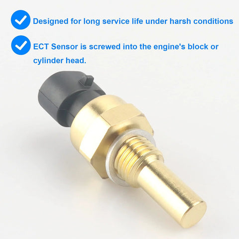 Coolant temperature sensor with brass threaded body and black plastic electrical connector.