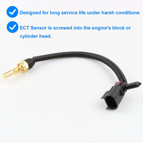 Coolant temperature sensor with wiring harness; brass probe and black plastic connector.