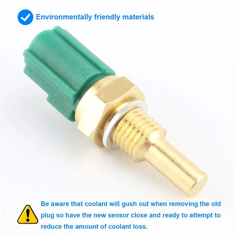 Coolant temperature sensor with green connector, brass threaded body and O-ring.