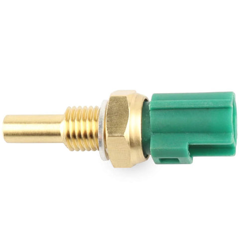 Coolant temperature sensor with brass threaded body and green plastic connector.