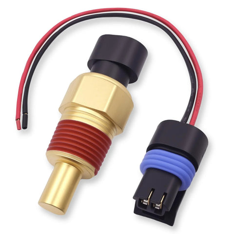 VEHICODE engine coolant temperature sensor with connector, brass threaded body, red seal, blue boot on 2-pin plug