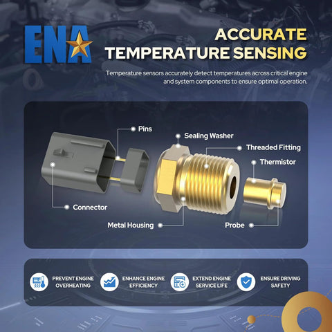 ENA engine coolant temperature sensor exploded view showing connector, pins, sealing washer, threaded fitting, thermistor, metal housing, and probe.
