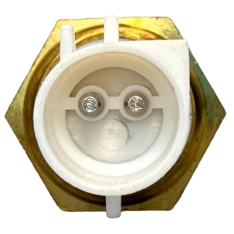 MecXora engine coolant temperature sensor front view; brass hex body, white plastic face, dual terminals.