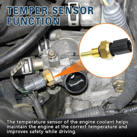 Coolant temperature sensor with brass threaded body and black connector installed on engine block