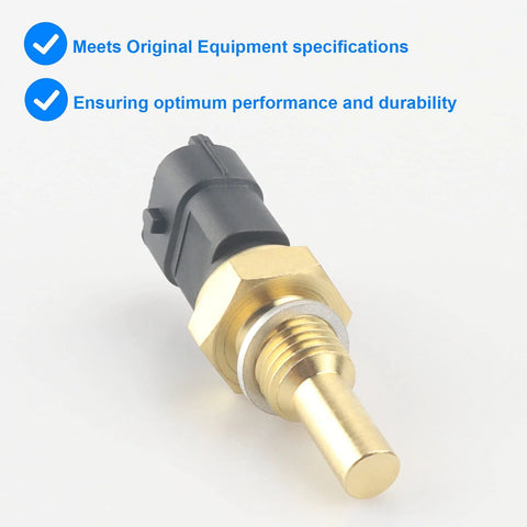 Coolant temperature sensor with brass threaded body and black plastic connector, automotive ECT sensor.